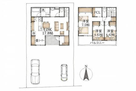 �Ԏ��}�@�����v������i2���n�j
17.8���̍L�XLDK�Ə�R�[�i�[�����͂�3LDK�B2�K�ɂ͑�e�ʂ�FCL��3�̗m��������A������̃o���R�j�[�œ���������ǍD�ȁA��炵�₷���Ԏ��ł��B���ԂQ��\�B